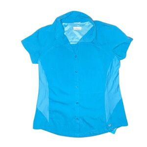 Columbia Women's White Cap Blue Tamiami Short Sleeve Shirt Sz L Button Down